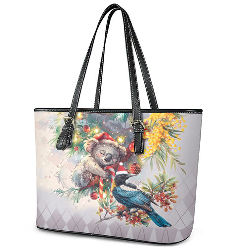 Koala and Tui Bird Christmas in July Leather Tote Bag