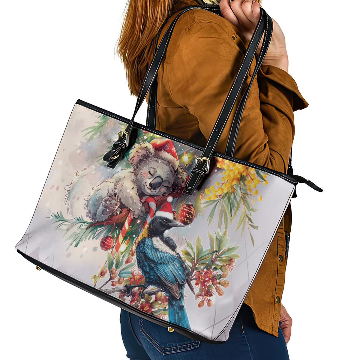 Koala and Tui Bird Christmas in July Leather Tote Bag