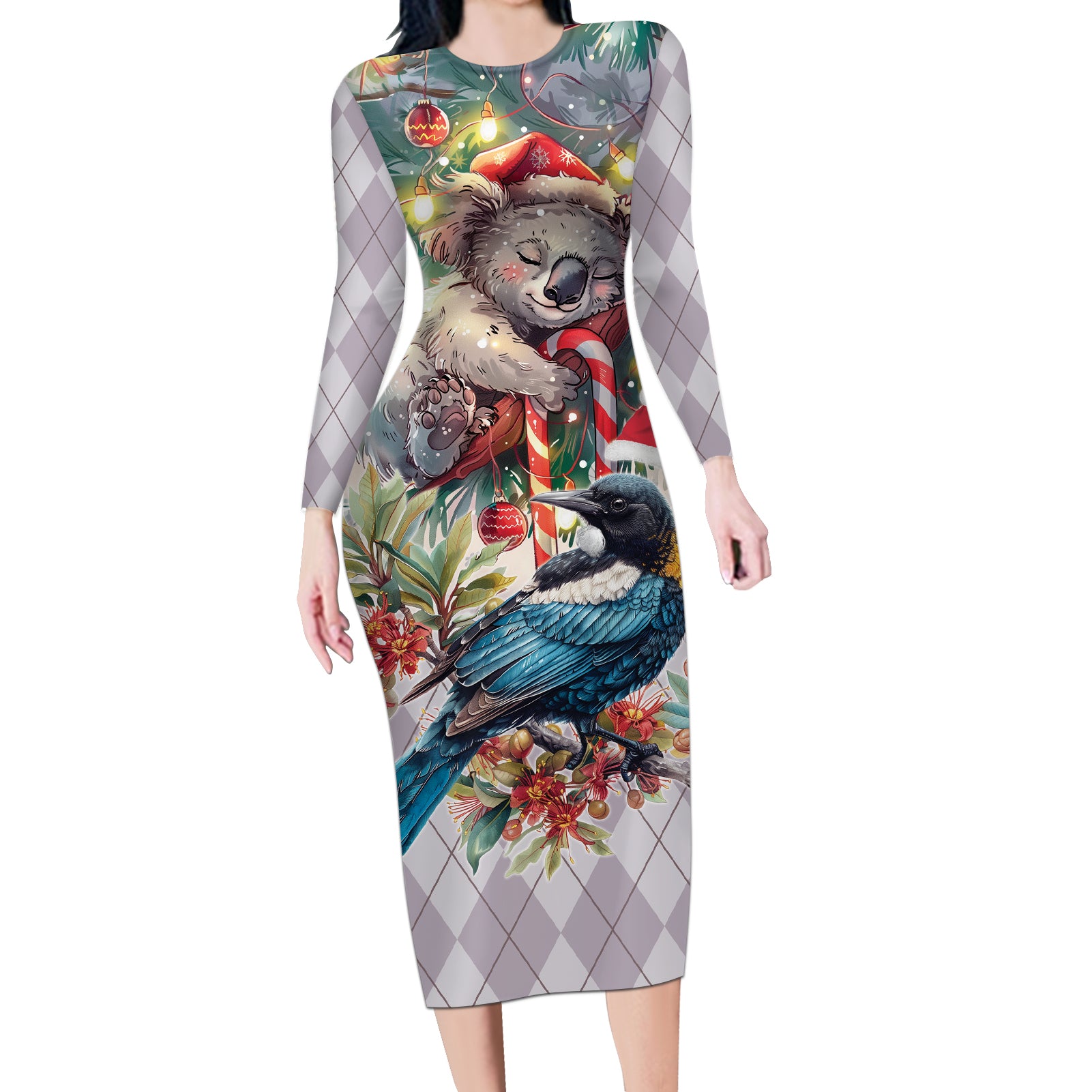 Koala and Tui Bird Christmas in July Long Sleeve Bodycon Dress