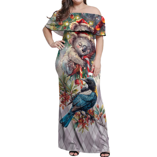 Koala and Tui Bird Christmas in July Off Shoulder Maxi Dress