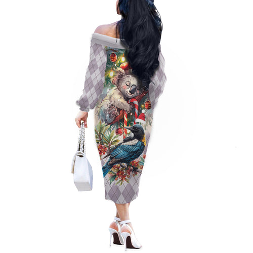 Koala and Tui Bird Christmas in July Off The Shoulder Long Sleeve Dress