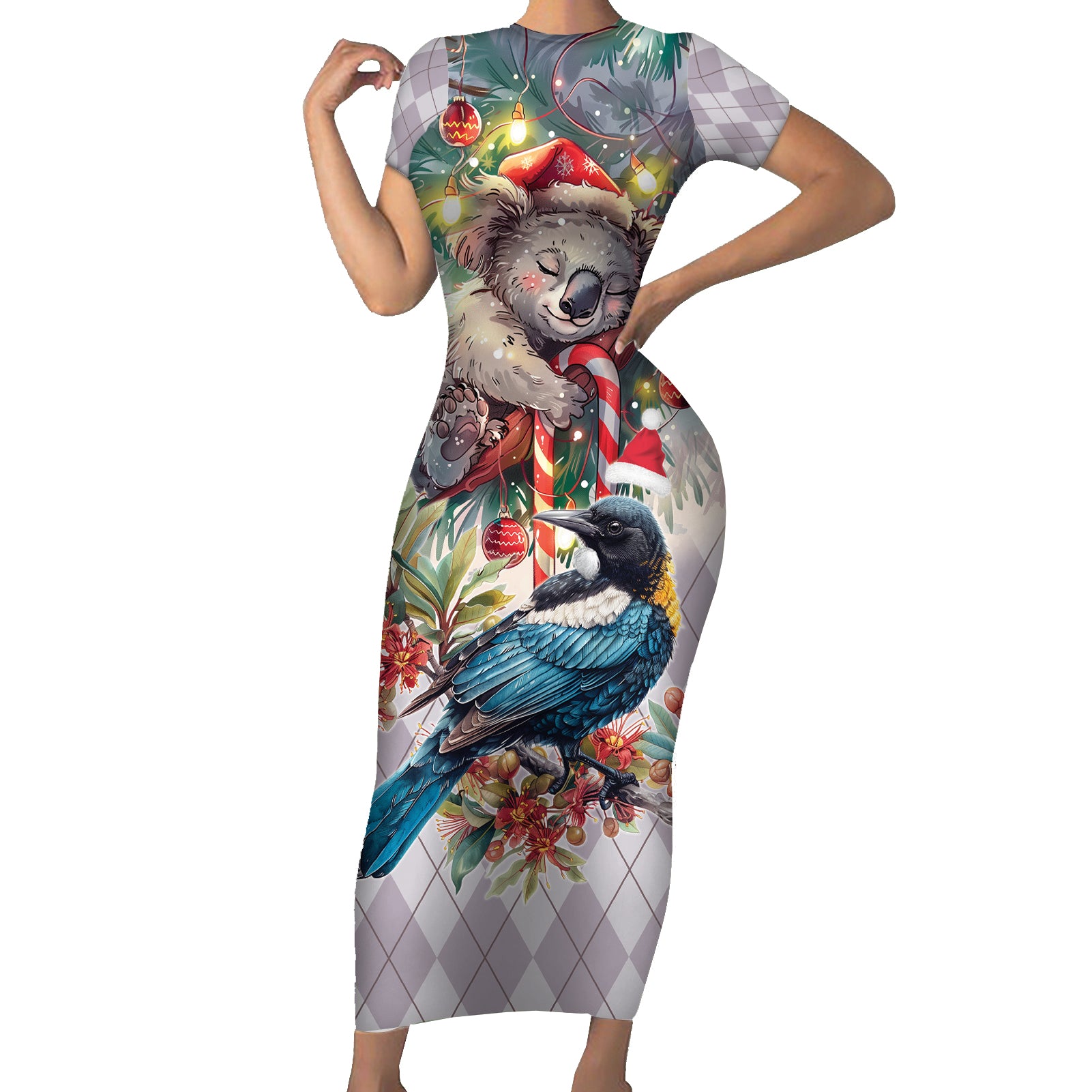Koala and Tui Bird Christmas in July Short Sleeve Bodycon Dress