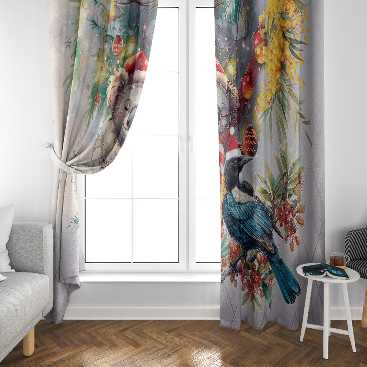Koala and Tui Bird Christmas in July Window Curtain