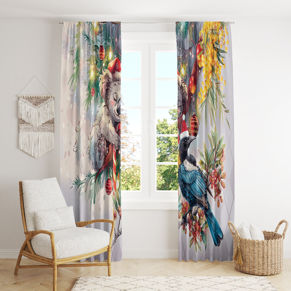 Koala and Tui Bird Christmas in July Window Curtain