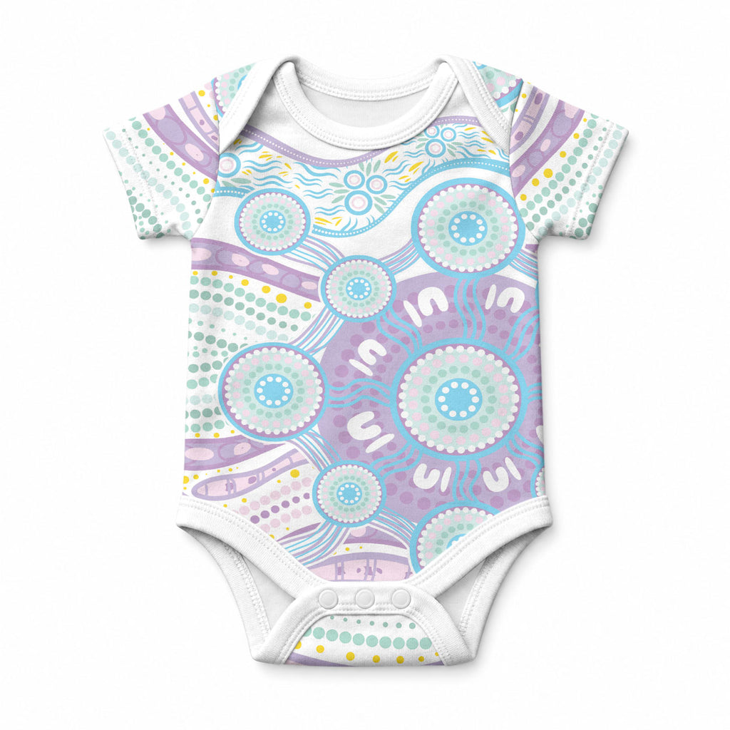 Australian Indigenous Aboriginal Art Baby Onesie Vivid Pastel Pink Teal
