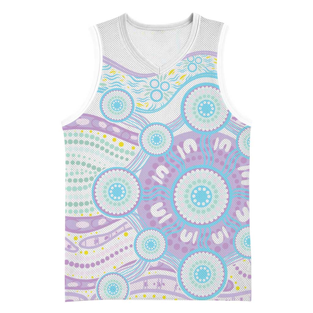 Australian Indigenous Aboriginal Art Basketball Jersey Vivid Pastel Pink Teal