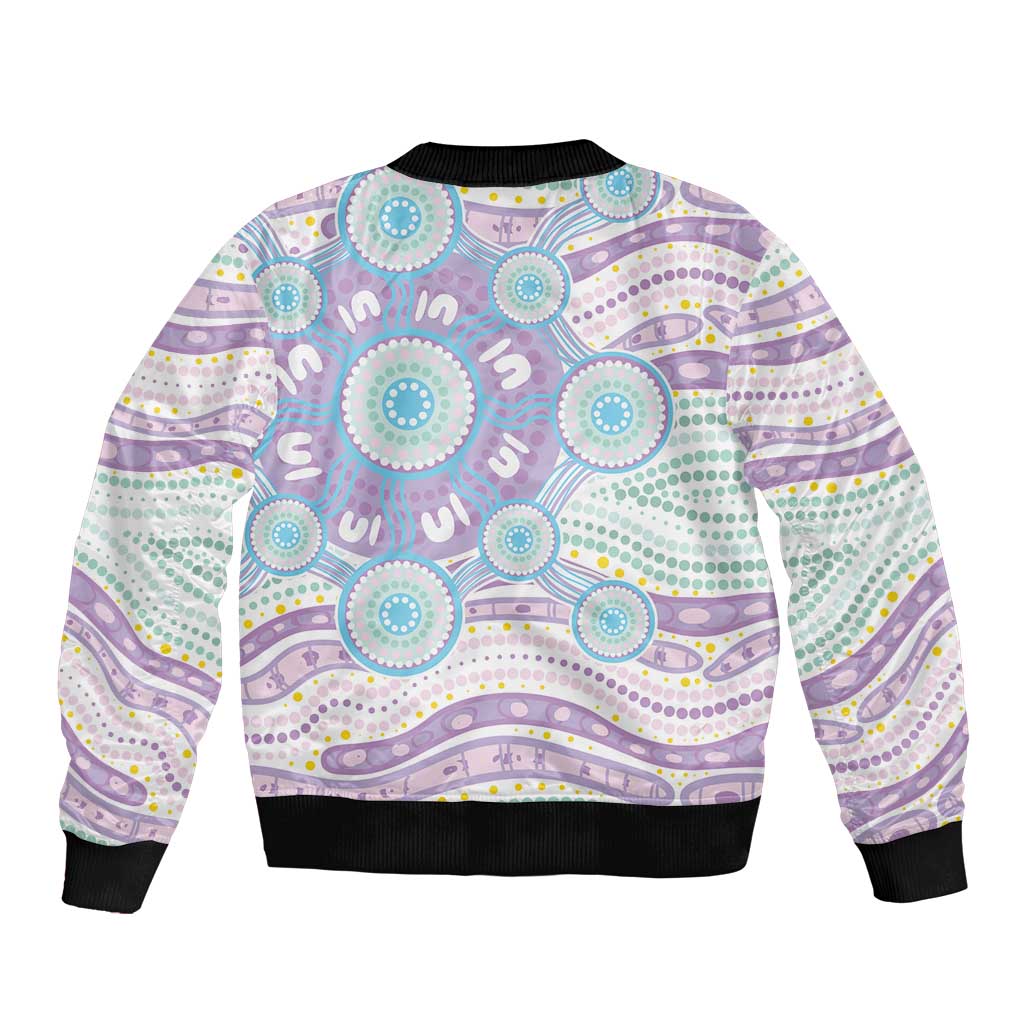 Australian Indigenous Aboriginal Art Bomber Jacket Vivid Pastel Pink Teal
