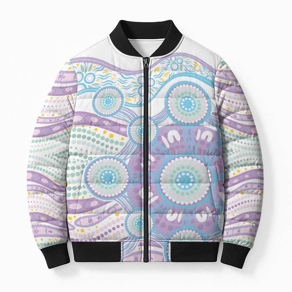 Australian Indigenous Aboriginal Art Bomber Puffer Jacket Vivid Pastel Pink Teal