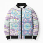 Australian Indigenous Aboriginal Art Bomber Puffer Jacket Vivid Pastel Pink Teal