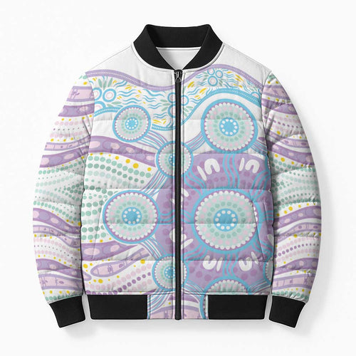 Australian Indigenous Aboriginal Art Bomber Puffer Jacket Vivid Pastel Pink Teal