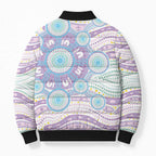 Australian Indigenous Aboriginal Art Bomber Puffer Jacket Vivid Pastel Pink Teal