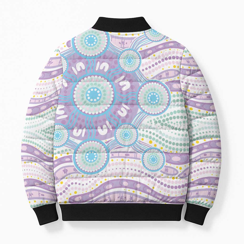 Australian Indigenous Aboriginal Art Bomber Puffer Jacket Vivid Pastel Pink Teal