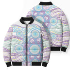 Australian Indigenous Aboriginal Art Bomber Puffer Jacket Vivid Pastel Pink Teal