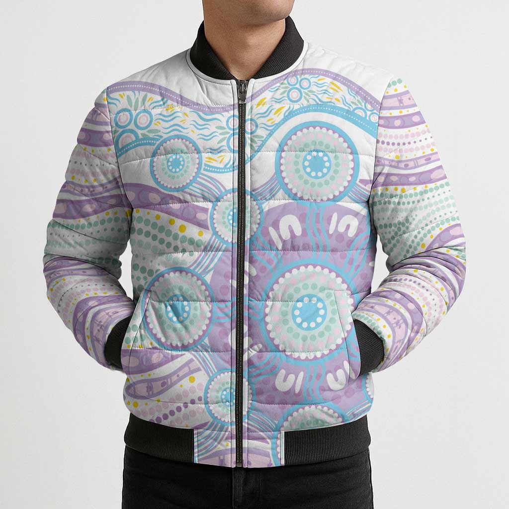 Australian Indigenous Aboriginal Art Bomber Puffer Jacket Vivid Pastel Pink Teal