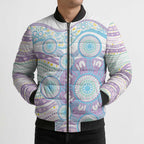 Australian Indigenous Aboriginal Art Bomber Puffer Jacket Vivid Pastel Pink Teal