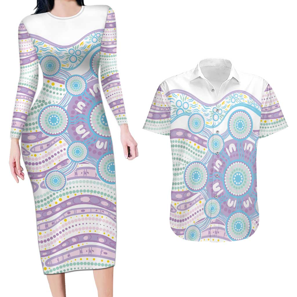 Australian Indigenous Aboriginal Art Couples Matching Long Sleeve Bodycon Dress and Hawaiian Shirt Vivid Pastel Pink Teal