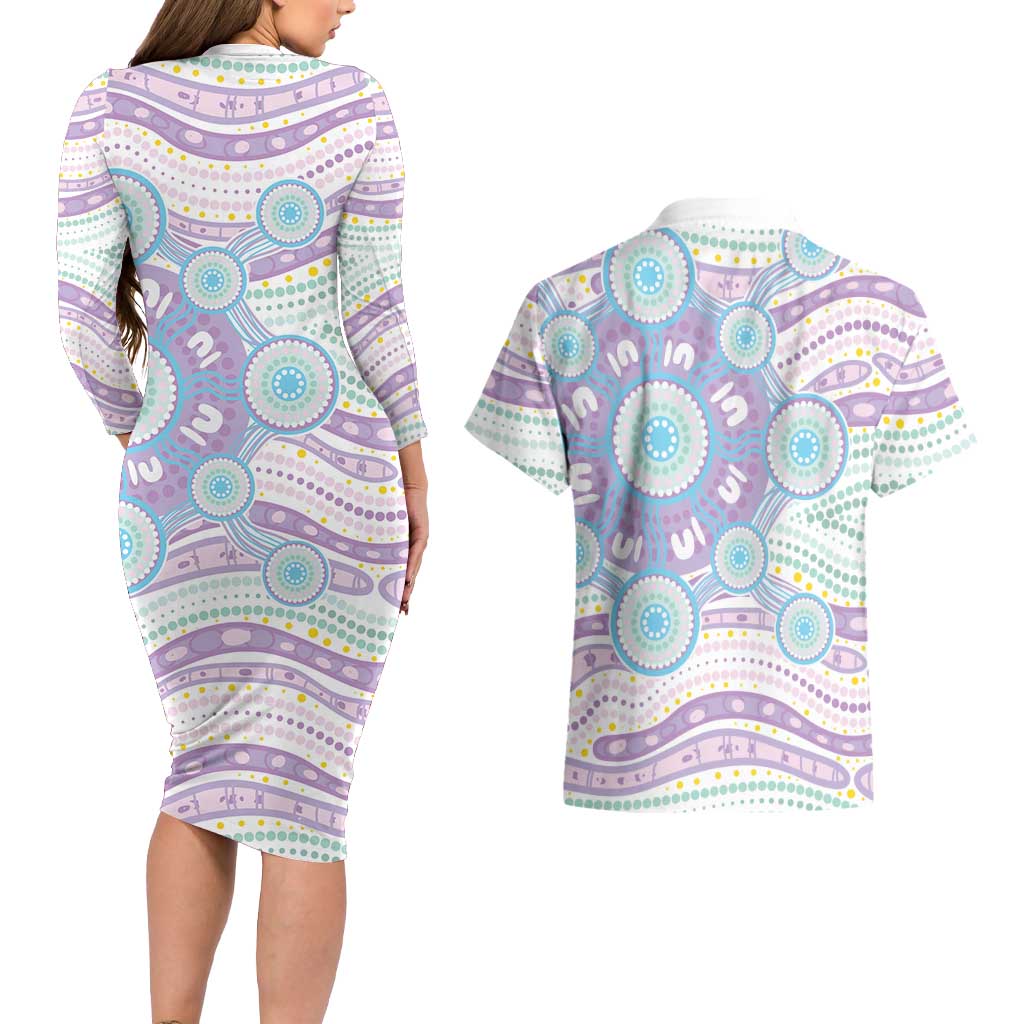 Australian Indigenous Aboriginal Art Couples Matching Long Sleeve Bodycon Dress and Hawaiian Shirt Vivid Pastel Pink Teal