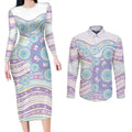 Australian Indigenous Aboriginal Art Couples Matching Long Sleeve Bodycon Dress and Long Sleeve Button Shirt Vivid Pastel Pink Teal
