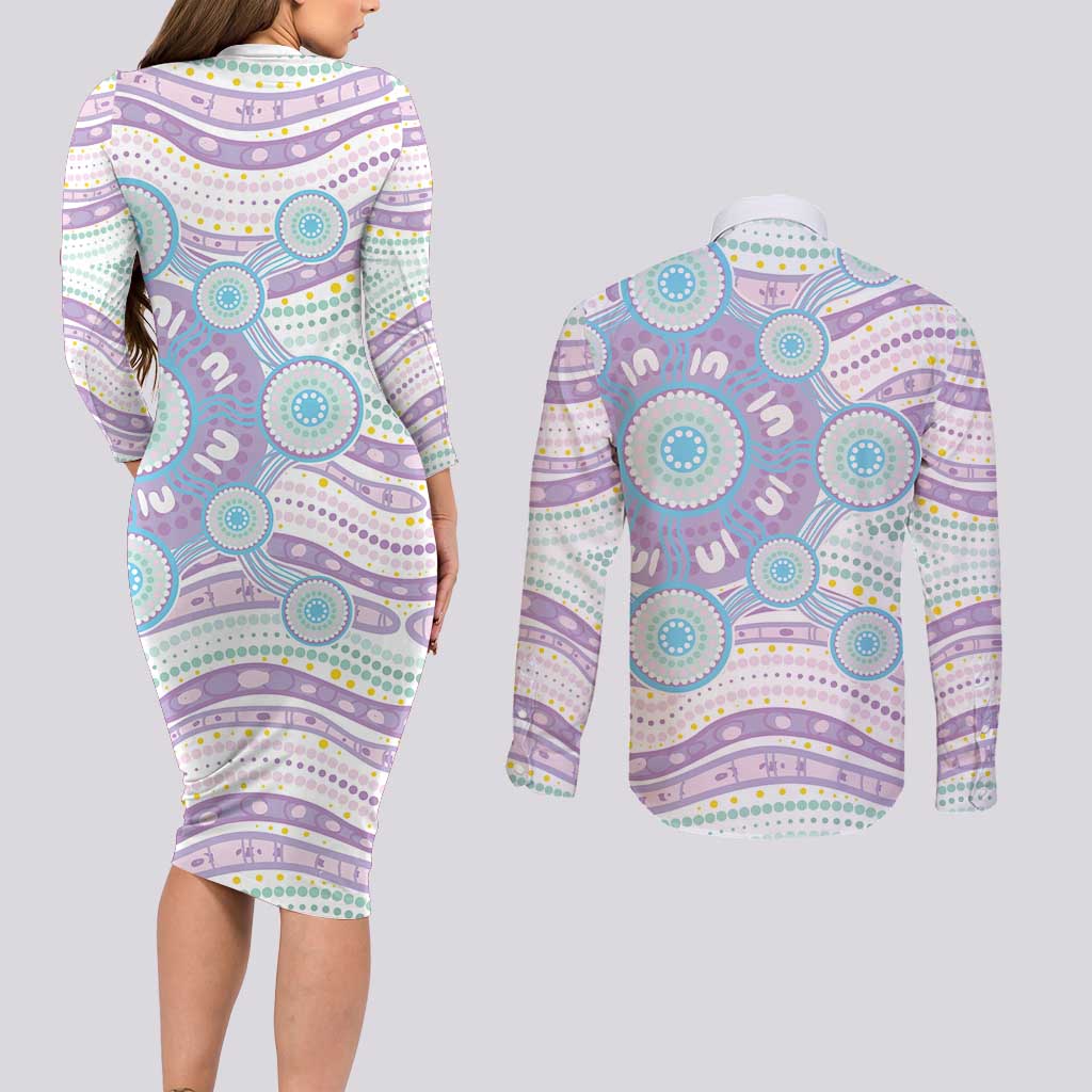 Australian Indigenous Aboriginal Art Couples Matching Long Sleeve Bodycon Dress and Long Sleeve Button Shirt Vivid Pastel Pink Teal