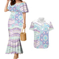 Australian Indigenous Aboriginal Art Couples Matching Mermaid Dress and Hawaiian Shirt Vivid Pastel Pink Teal