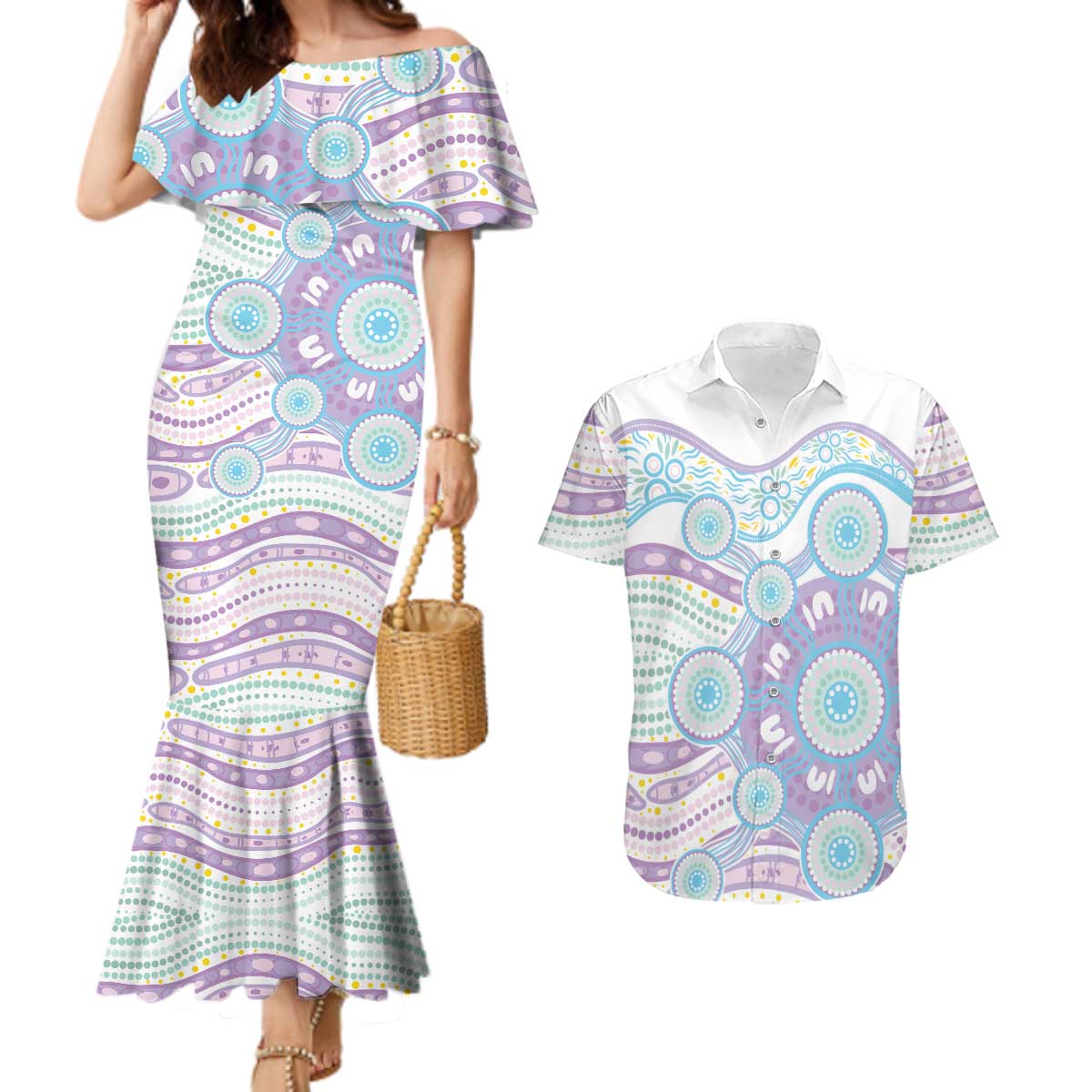 Australian Indigenous Aboriginal Art Couples Matching Mermaid Dress and Hawaiian Shirt Vivid Pastel Pink Teal