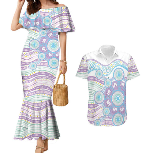 Australian Indigenous Aboriginal Art Couples Matching Mermaid Dress and Hawaiian Shirt Vivid Pastel Pink Teal