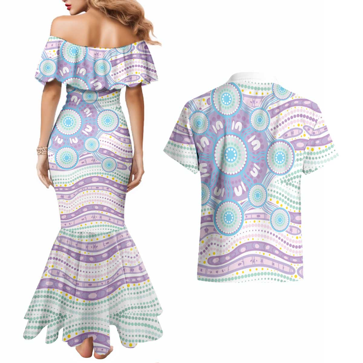 Australian Indigenous Aboriginal Art Couples Matching Mermaid Dress and Hawaiian Shirt Vivid Pastel Pink Teal