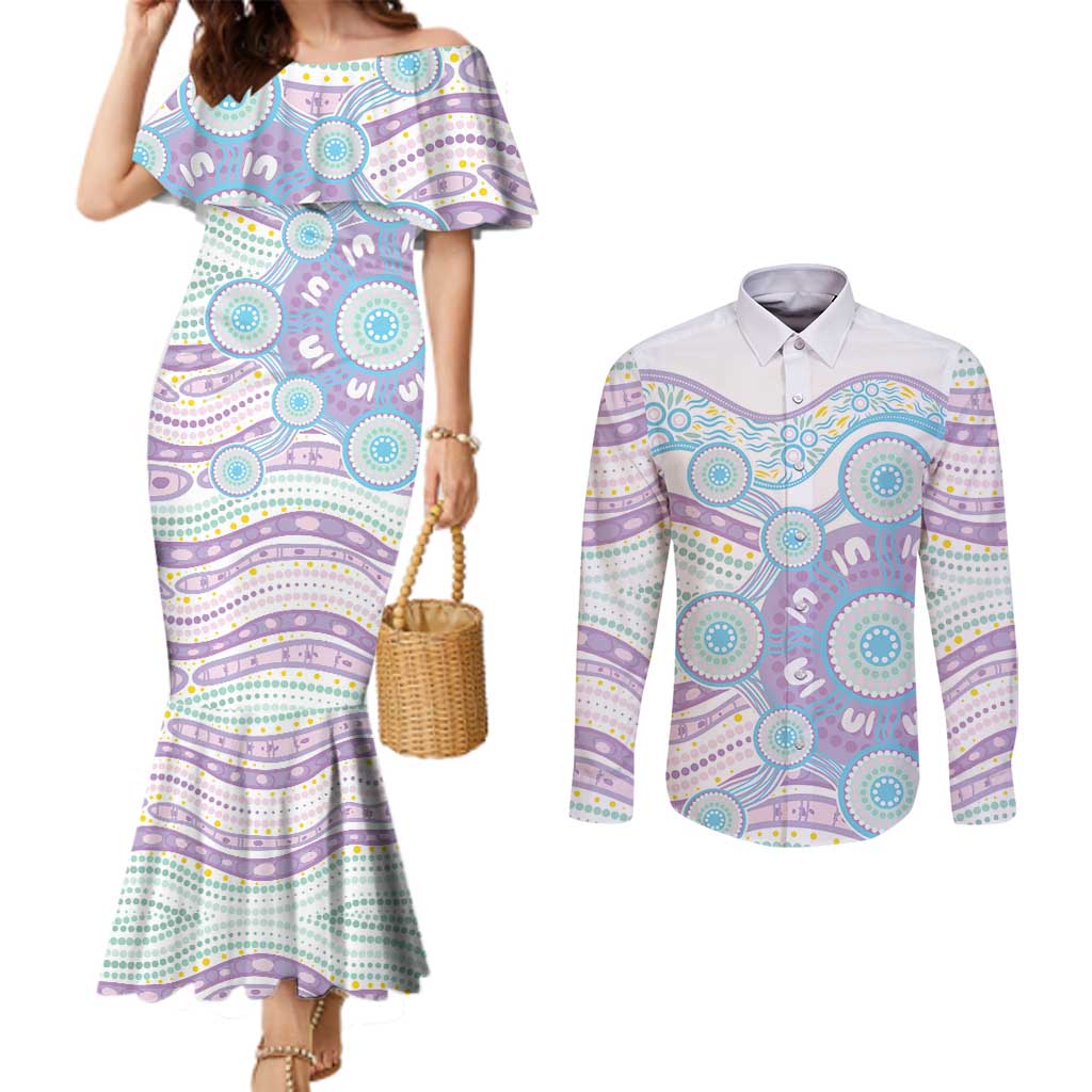 Australian Indigenous Aboriginal Art Couples Matching Mermaid Dress and Long Sleeve Button Shirt Vivid Pastel Pink Teal