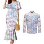Australian Indigenous Aboriginal Art Couples Matching Mermaid Dress and Long Sleeve Button Shirt Vivid Pastel Pink Teal