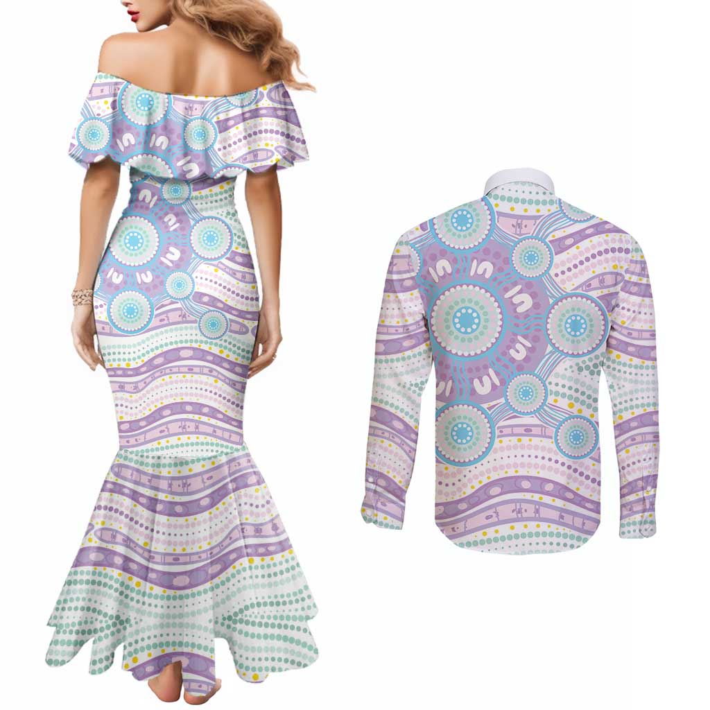 Australian Indigenous Aboriginal Art Couples Matching Mermaid Dress and Long Sleeve Button Shirt Vivid Pastel Pink Teal