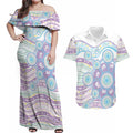 Australian Indigenous Aboriginal Art Couples Matching Off Shoulder Maxi Dress and Hawaiian Shirt Vivid Pastel Pink Teal