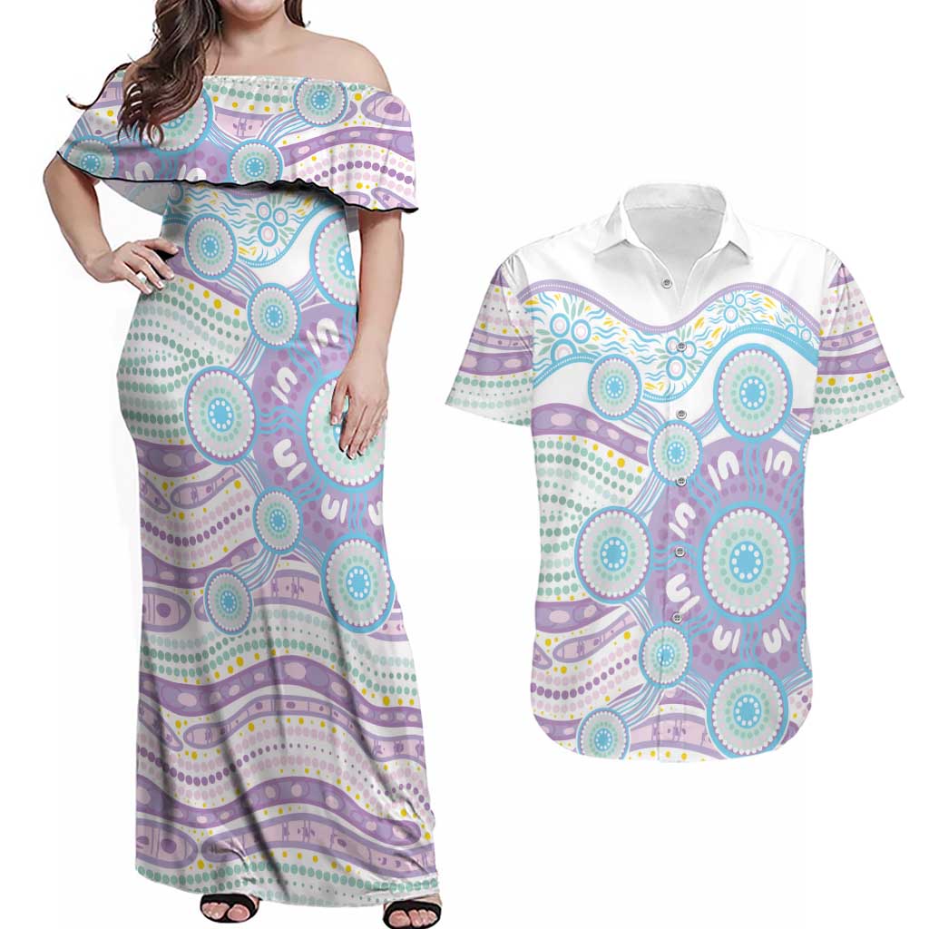Australian Indigenous Aboriginal Art Couples Matching Off Shoulder Maxi Dress and Hawaiian Shirt Vivid Pastel Pink Teal