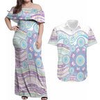 Australian Indigenous Aboriginal Art Couples Matching Off Shoulder Maxi Dress and Hawaiian Shirt Vivid Pastel Pink Teal
