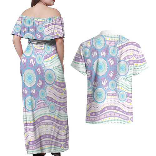 Australian Indigenous Aboriginal Art Couples Matching Off Shoulder Maxi Dress and Hawaiian Shirt Vivid Pastel Pink Teal
