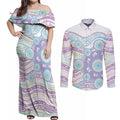 Australian Indigenous Aboriginal Art Couples Matching Off Shoulder Maxi Dress and Long Sleeve Button Shirt Vivid Pastel Pink Teal