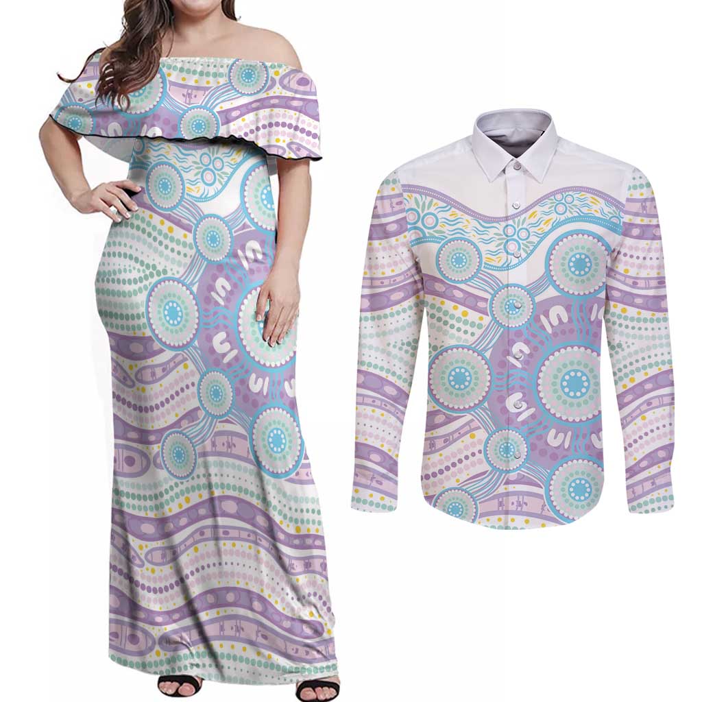 Australian Indigenous Aboriginal Art Couples Matching Off Shoulder Maxi Dress and Long Sleeve Button Shirt Vivid Pastel Pink Teal