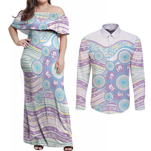 Australian Indigenous Aboriginal Art Couples Matching Off Shoulder Maxi Dress and Long Sleeve Button Shirt Vivid Pastel Pink Teal