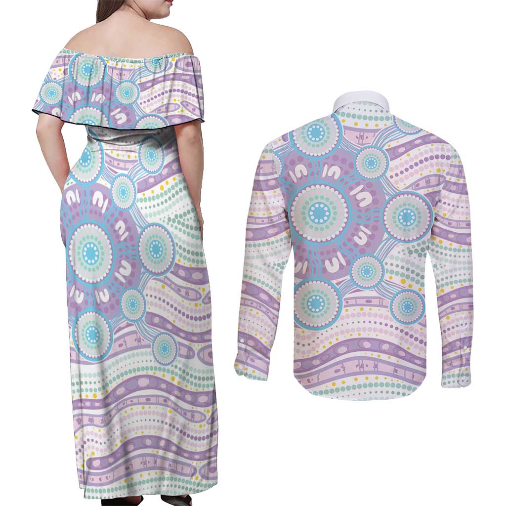 Australian Indigenous Aboriginal Art Couples Matching Off Shoulder Maxi Dress and Long Sleeve Button Shirt Vivid Pastel Pink Teal