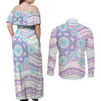 Australian Indigenous Aboriginal Art Couples Matching Off Shoulder Maxi Dress and Long Sleeve Button Shirt Vivid Pastel Pink Teal