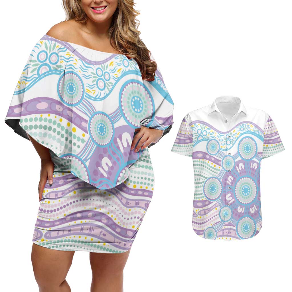 Australian Indigenous Aboriginal Art Couples Matching Off Shoulder Short Dress and Hawaiian Shirt Vivid Pastel Pink Teal