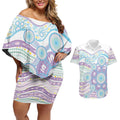 Australian Indigenous Aboriginal Art Couples Matching Off Shoulder Short Dress and Hawaiian Shirt Vivid Pastel Pink Teal