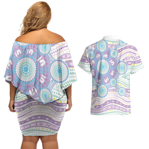 Australian Indigenous Aboriginal Art Couples Matching Off Shoulder Short Dress and Hawaiian Shirt Vivid Pastel Pink Teal
