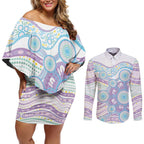 Australian Indigenous Aboriginal Art Couples Matching Off Shoulder Short Dress and Long Sleeve Button Shirt Vivid Pastel Pink Teal