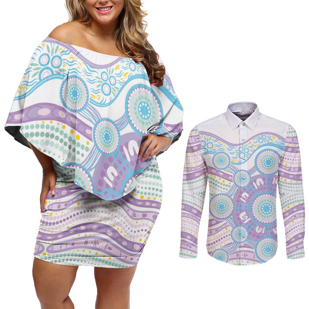 Australian Indigenous Aboriginal Art Couples Matching Off Shoulder Short Dress and Long Sleeve Button Shirt Vivid Pastel Pink Teal