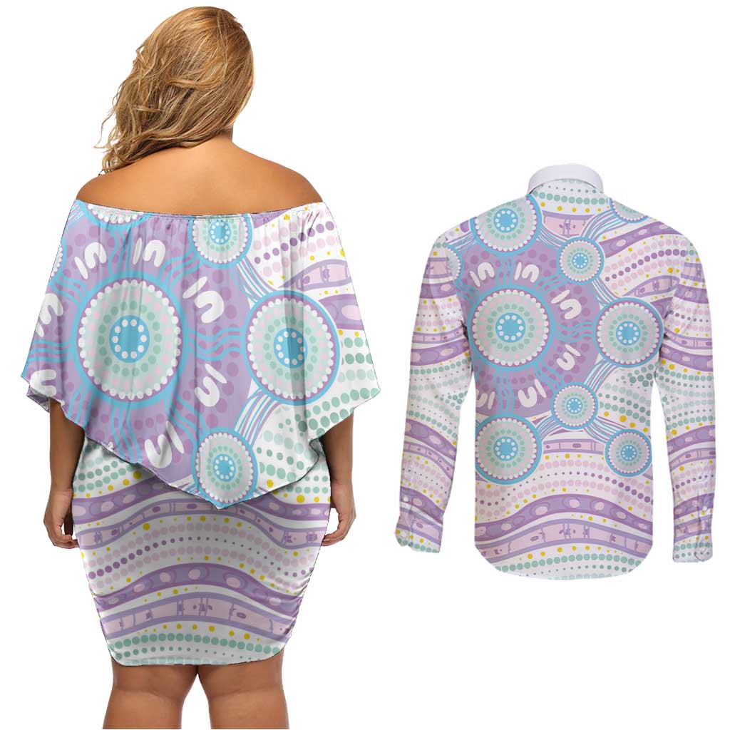 Australian Indigenous Aboriginal Art Couples Matching Off Shoulder Short Dress and Long Sleeve Button Shirt Vivid Pastel Pink Teal
