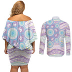 Australian Indigenous Aboriginal Art Couples Matching Off Shoulder Short Dress and Long Sleeve Button Shirt Vivid Pastel Pink Teal
