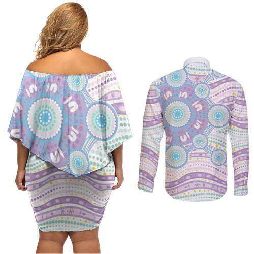Australian Indigenous Aboriginal Art Couples Matching Off Shoulder Short Dress and Long Sleeve Button Shirt Vivid Pastel Pink Teal