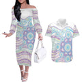 Australian Indigenous Aboriginal Art Couples Matching Off The Shoulder Long Sleeve Dress and Hawaiian Shirt Vivid Pastel Pink Teal