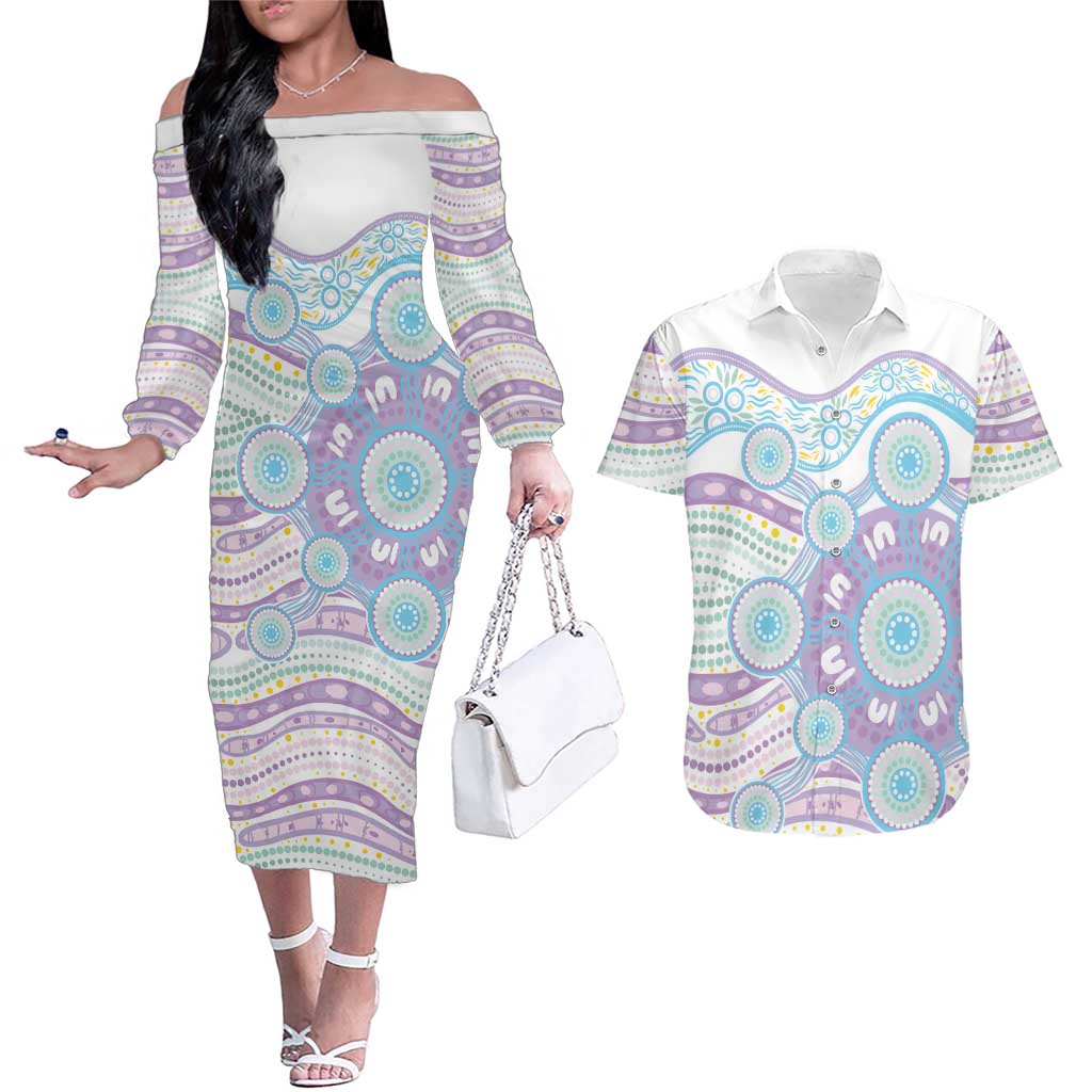 Australian Indigenous Aboriginal Art Couples Matching Off The Shoulder Long Sleeve Dress and Hawaiian Shirt Vivid Pastel Pink Teal
