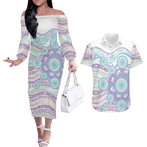 Australian Indigenous Aboriginal Art Couples Matching Off The Shoulder Long Sleeve Dress and Hawaiian Shirt Vivid Pastel Pink Teal